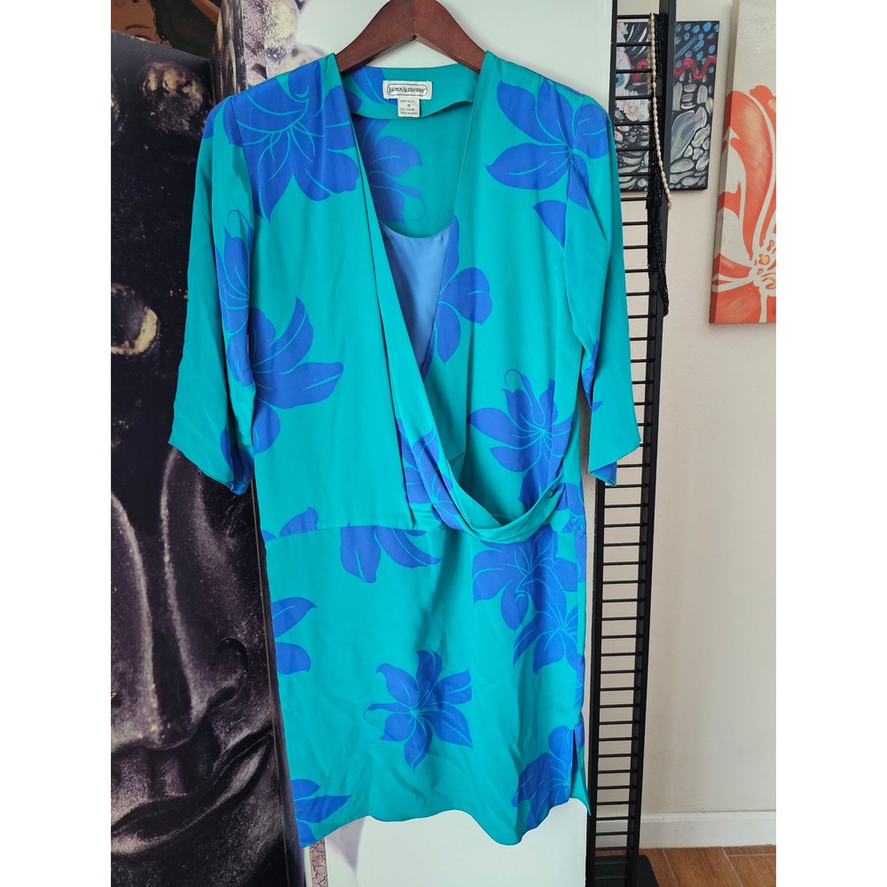 Lauren Alexandra Vintage 100% Silk Teal Blue Floral Faux Wrap Dress Size 4